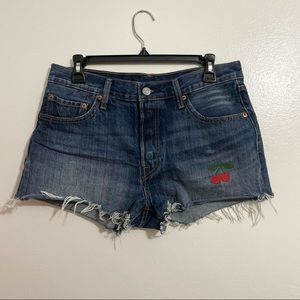 Levi’s 501 Shorts Medium Wash Mid Rise Distressed Cut Off Red Cherry Detail
